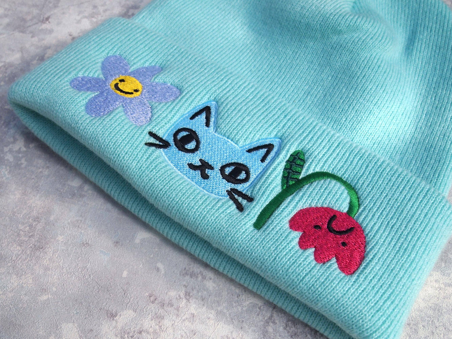 I Like Cats | Embroidered Knitted Beanie Hat | Cat & Flowers