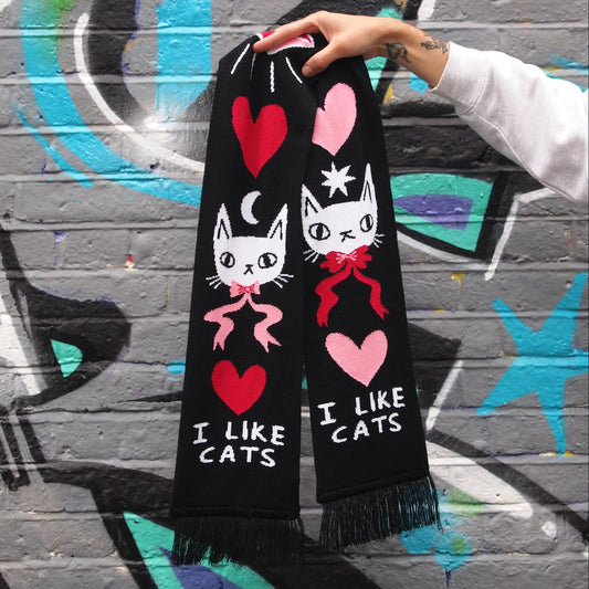 I Like Cats | I like cats knitted scarf, black scarf with cats