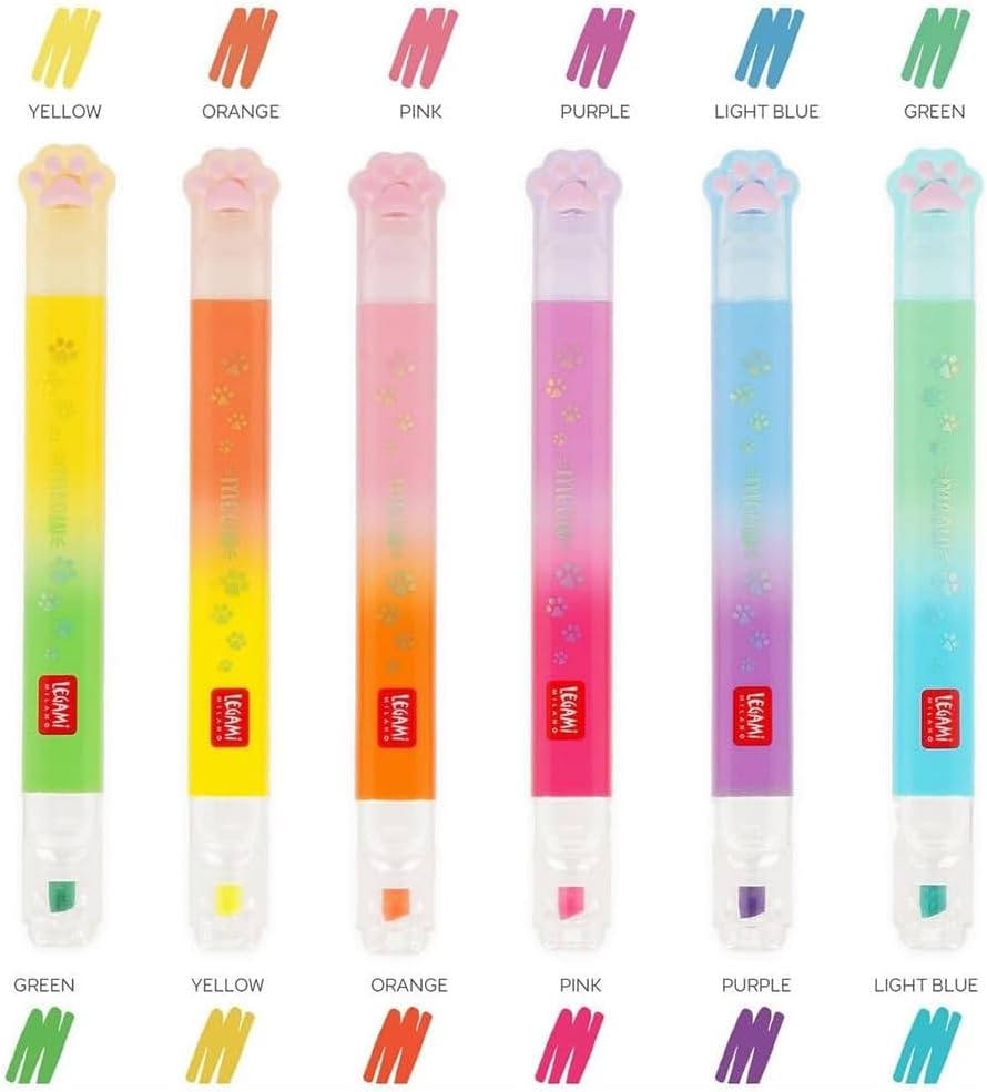 Legami | Kitty Dual Chisel Tip Highlighters | Set of 6