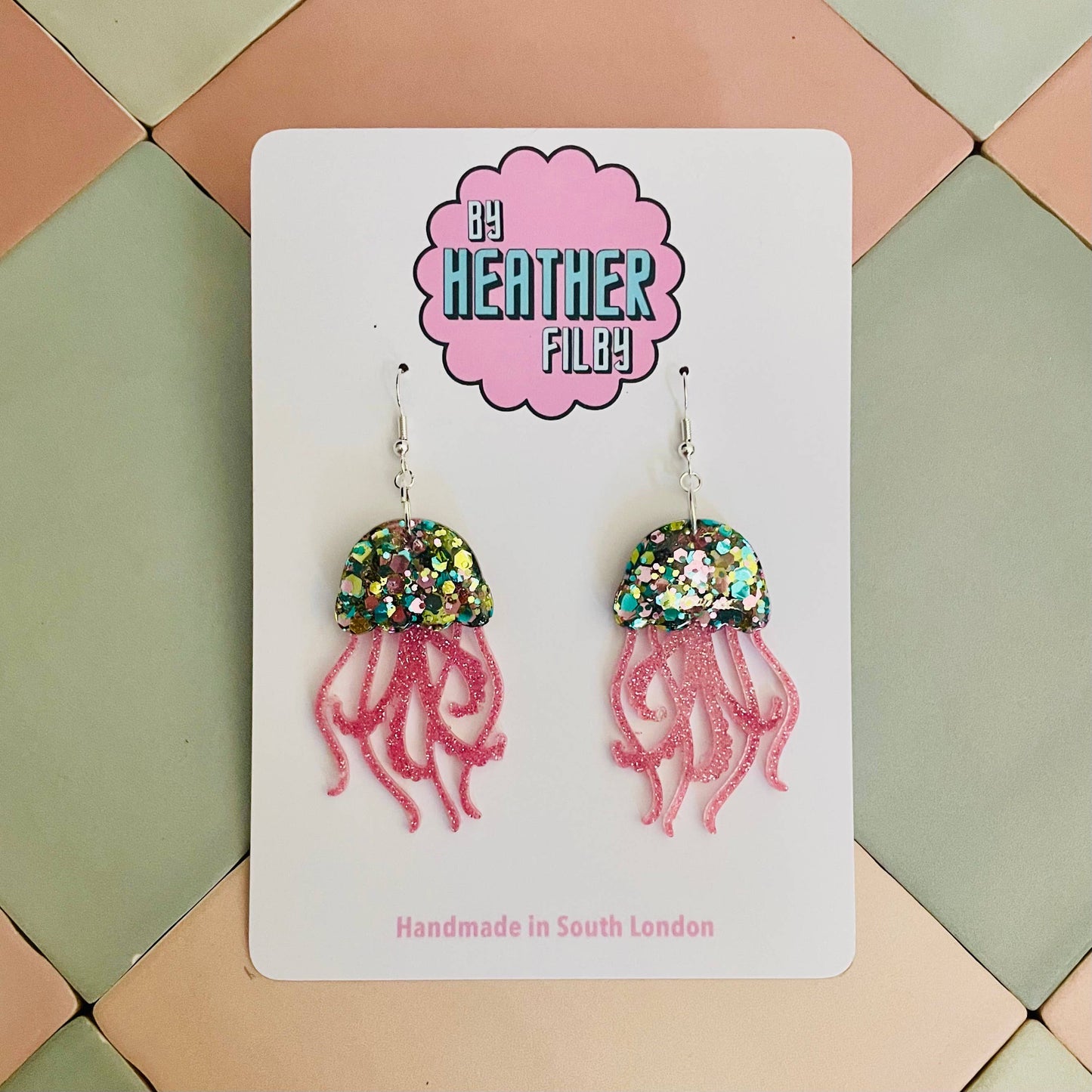 By Heather Filby | Glitzy Glitter Earrings | JellyFish (Aqua and Pink)
