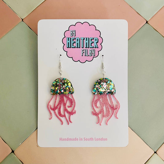 By Heather Filby | Glitzy Glitter Earrings | JellyFish (Aqua and Pink)