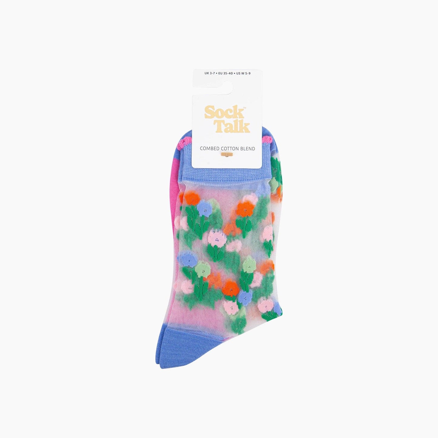 Sock Talk | Floral Posy Combed Cotton Sheer Pop Socks in Blue | UK 3-7