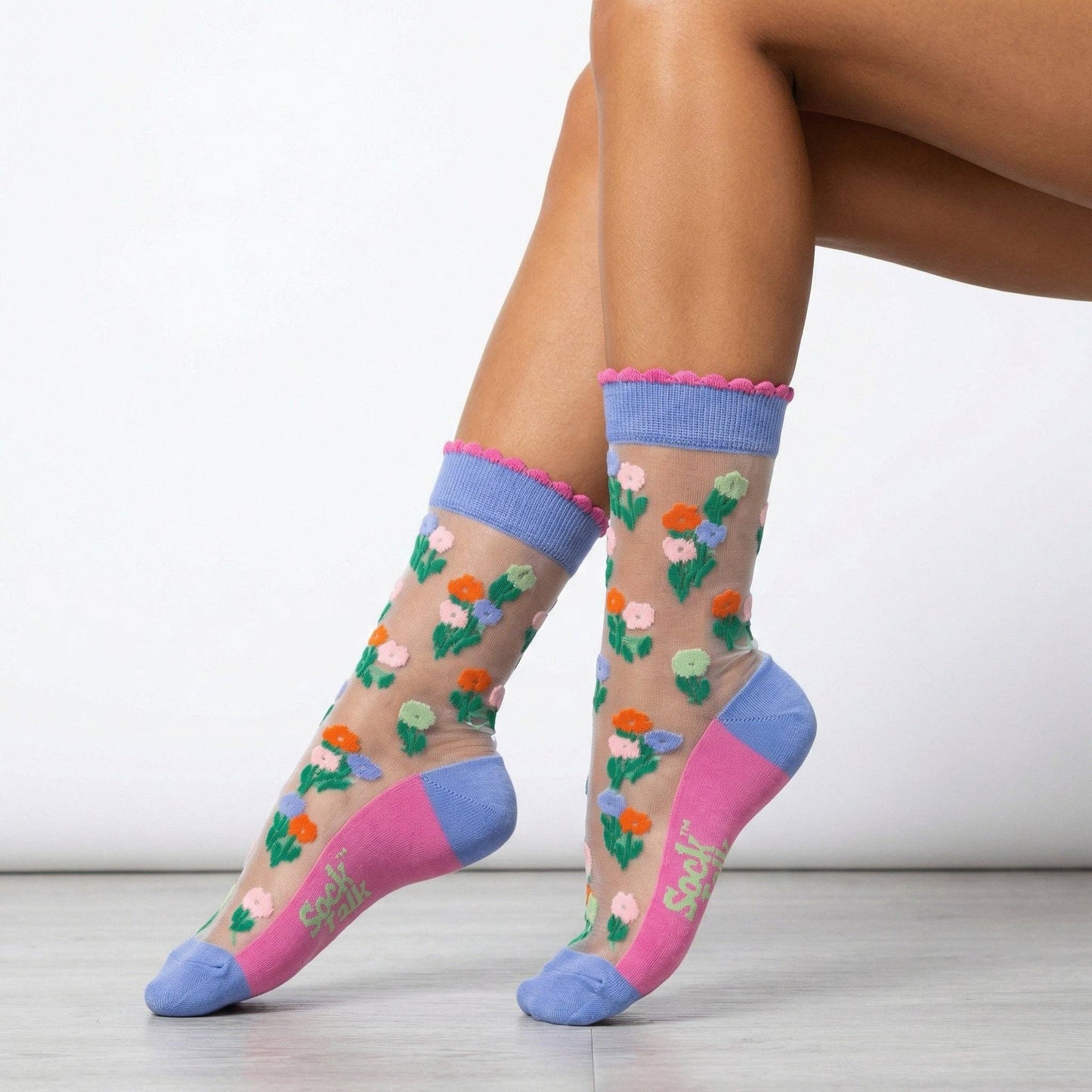 Sock Talk | Floral Posy Combed Cotton Sheer Pop Socks in Blue | UK 3-7