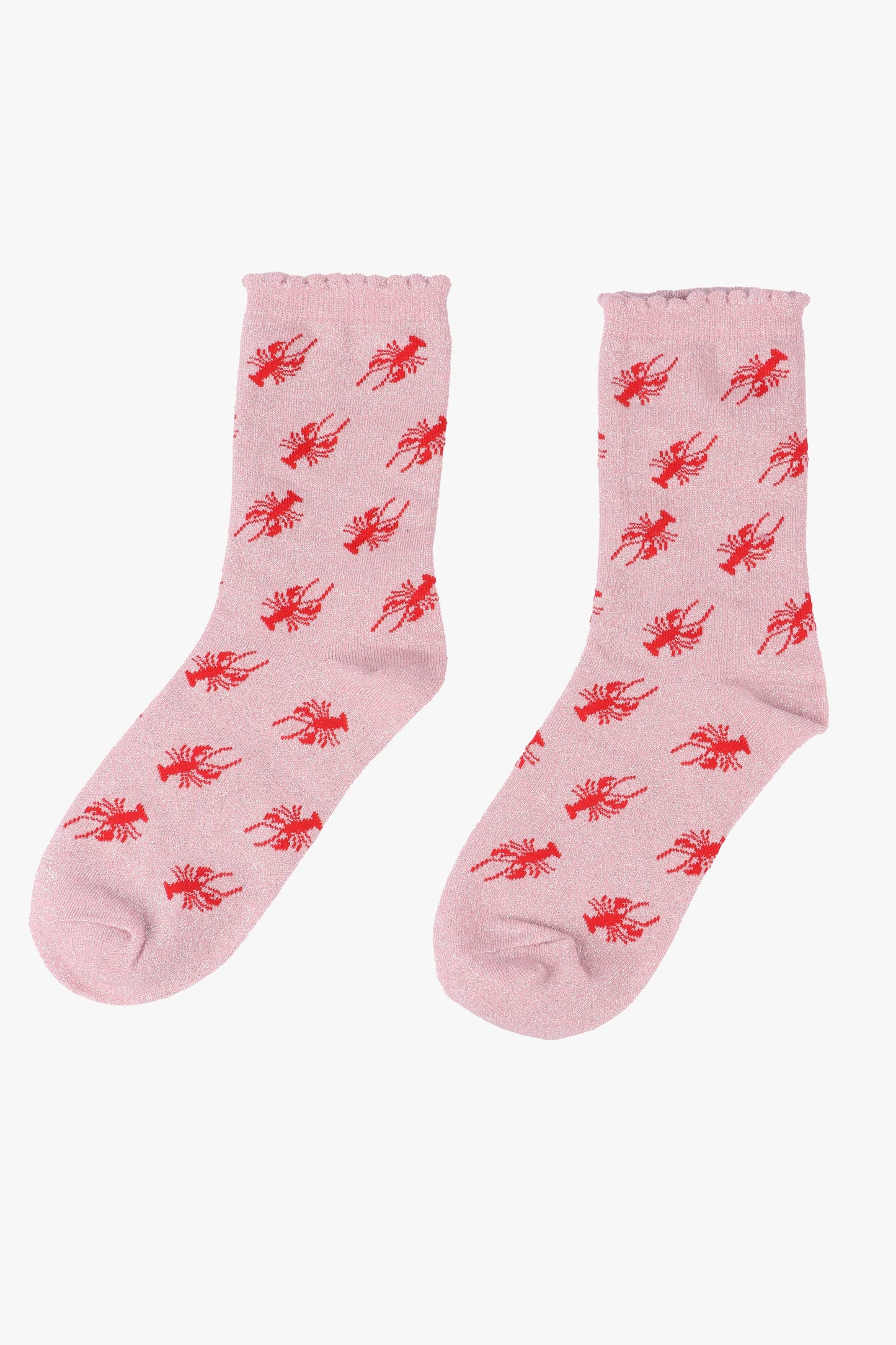 Sock Talk | Women's Glitter Socks | Light Pink Red Lobster with Scalloped Cuff | UK 3-7