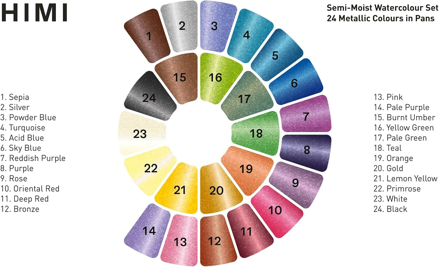 Himi | Semi-Moist Watercolour Palette | 24 x Metallic Colours