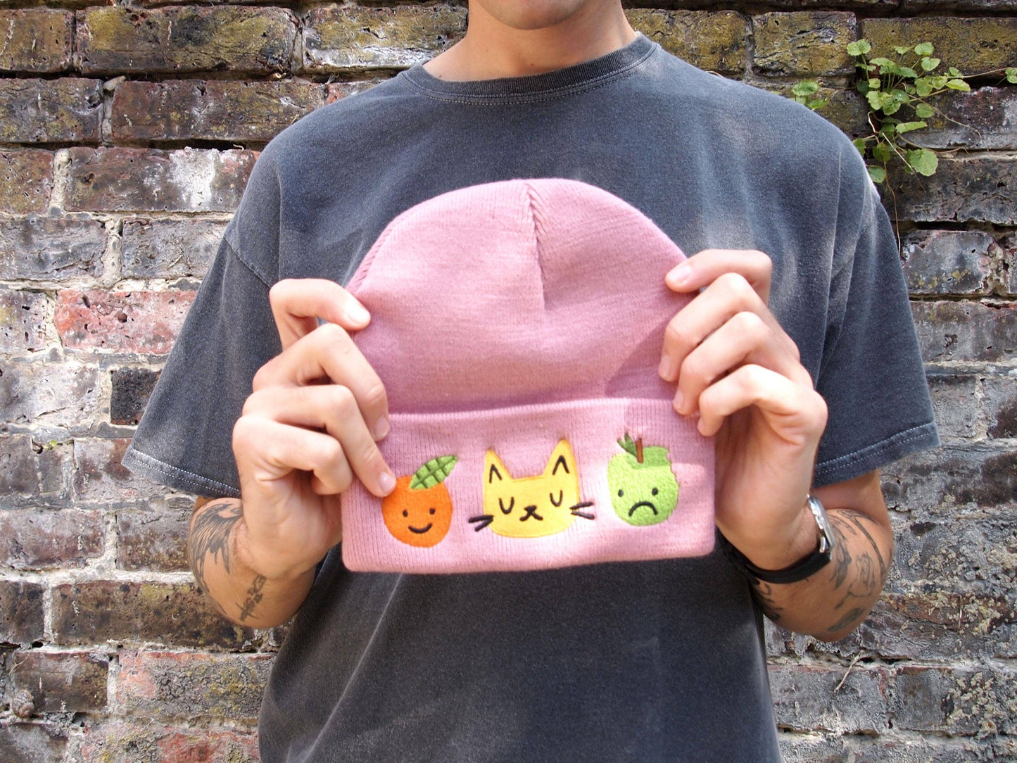 I Like Cats | Embroidered Knitted Beanie Hat | Cat & Fruit