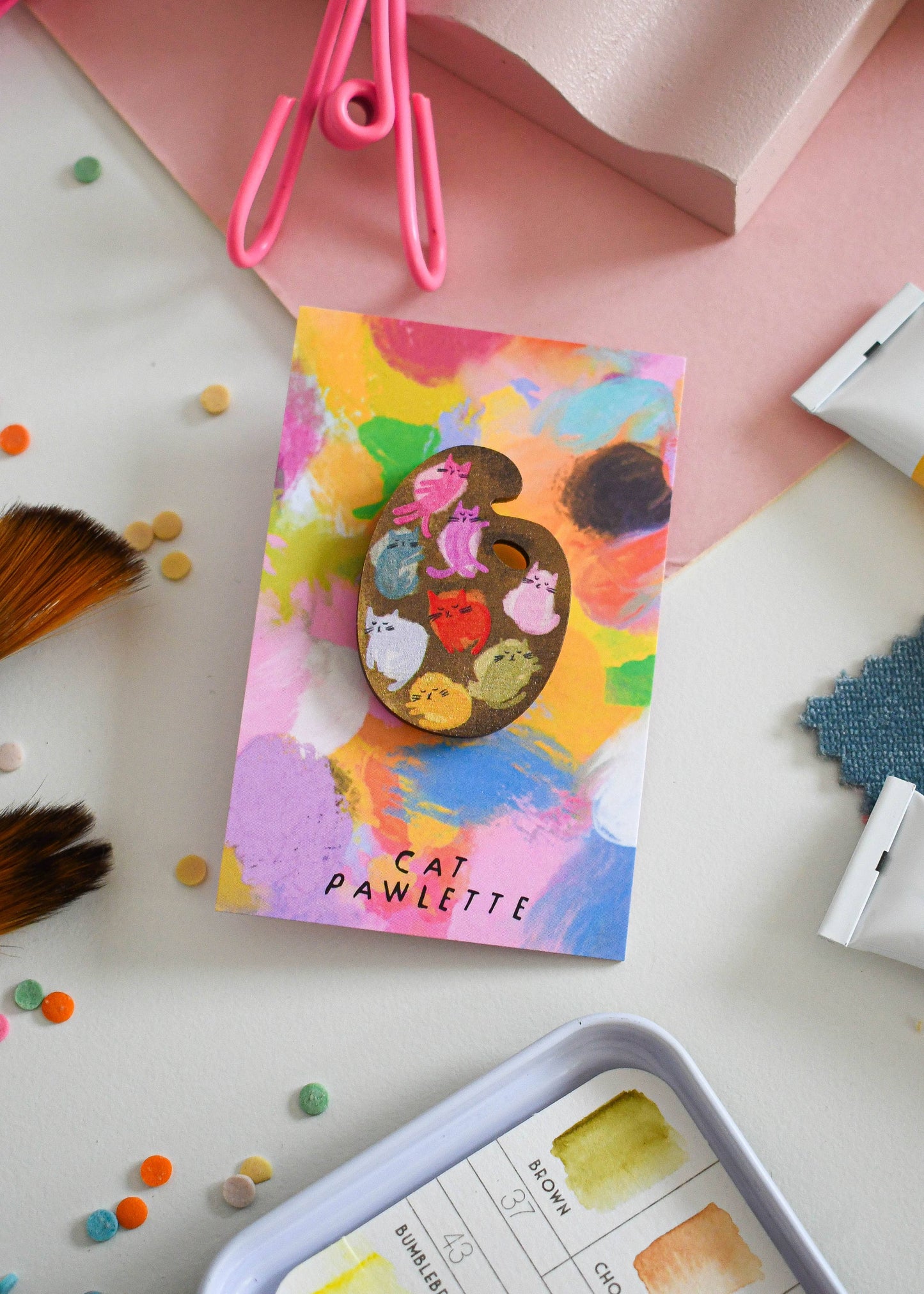 Niaski | Wooden Pin Badge | Cat Art Paint Palette