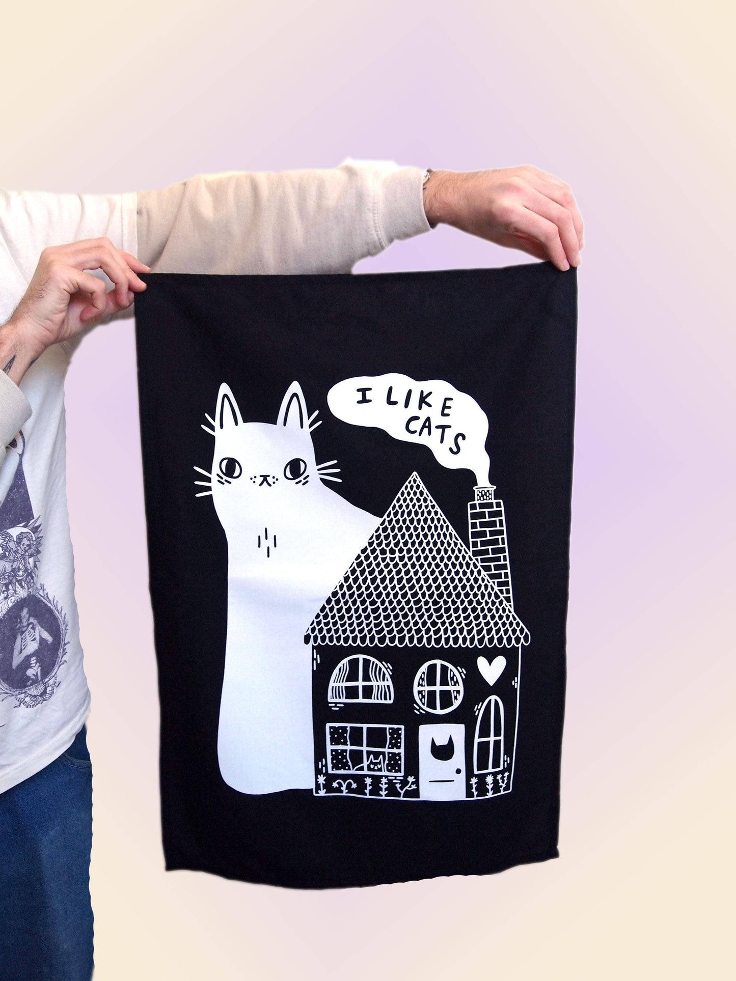 I Like Cats | Cotton Screen Printed Tea Towel | Cat and House
