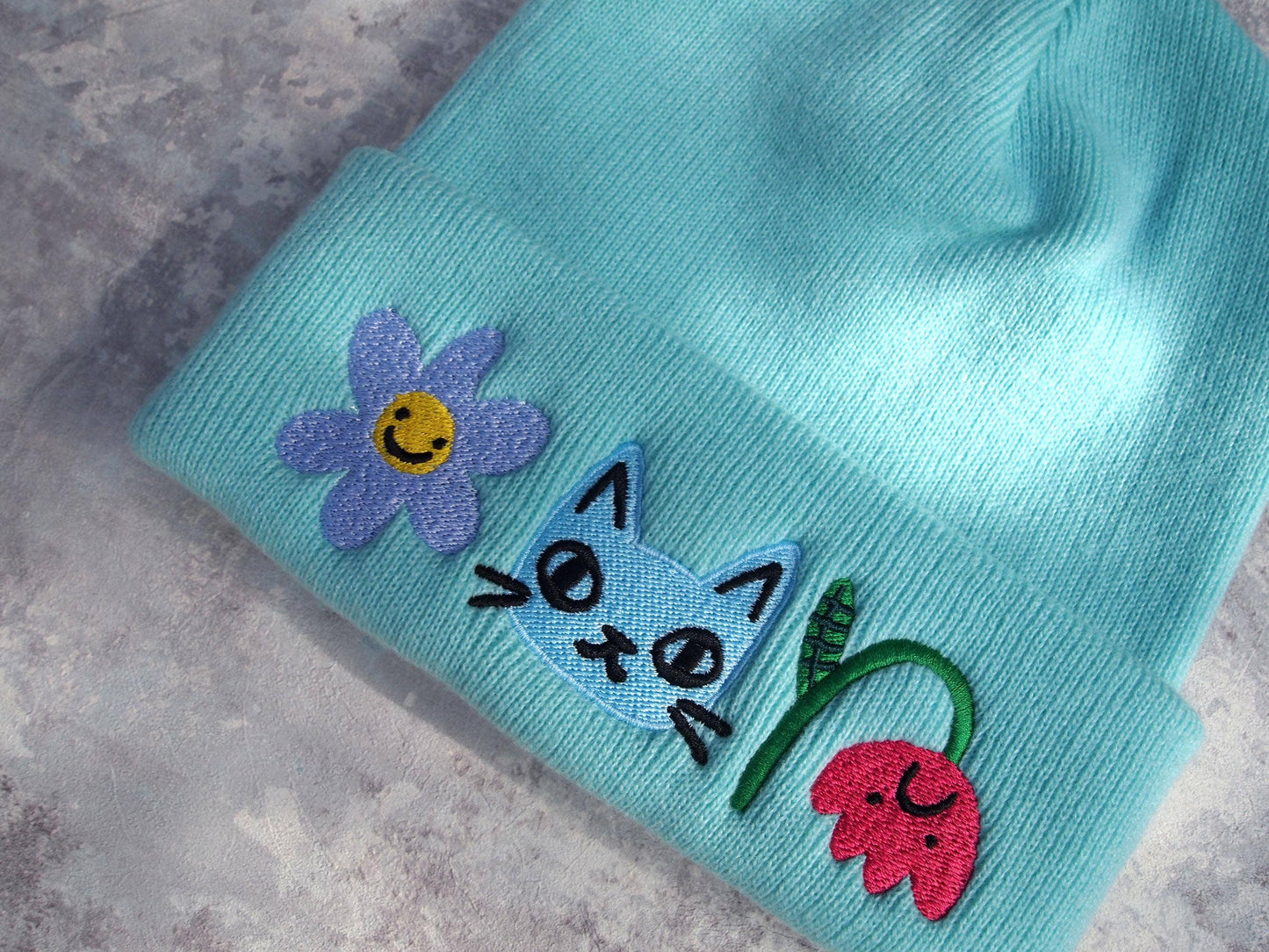 I Like Cats | Embroidered Knitted Beanie Hat | Cat & Flowers