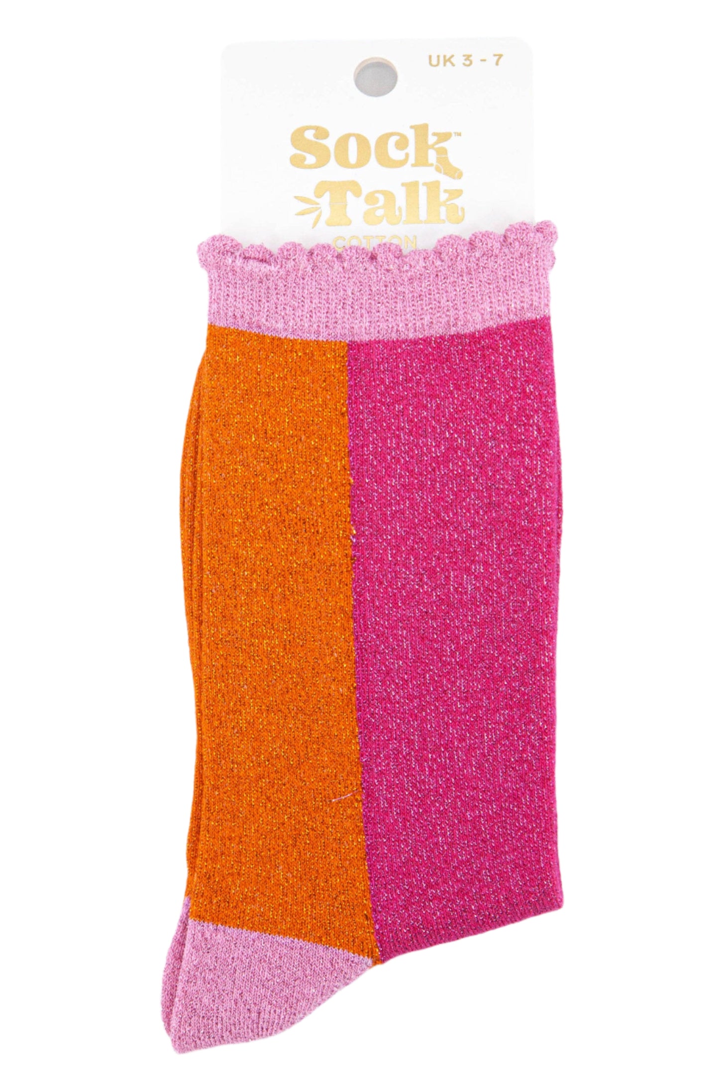 Sock Talk | Women's Cotton Glitter Socks Colour Block in Pink & Orange: UK 3-7 | EU 36-40