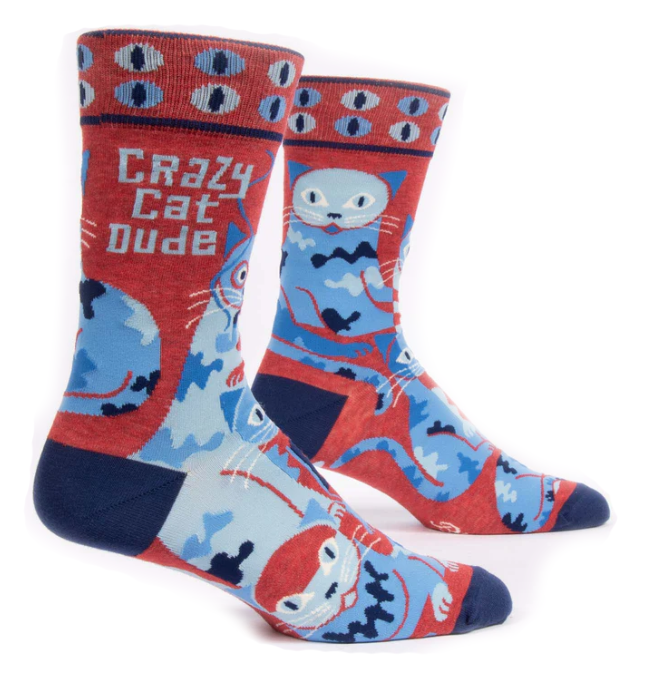 Blue Q | Mens Crew Socks | Crazy Cat Dude