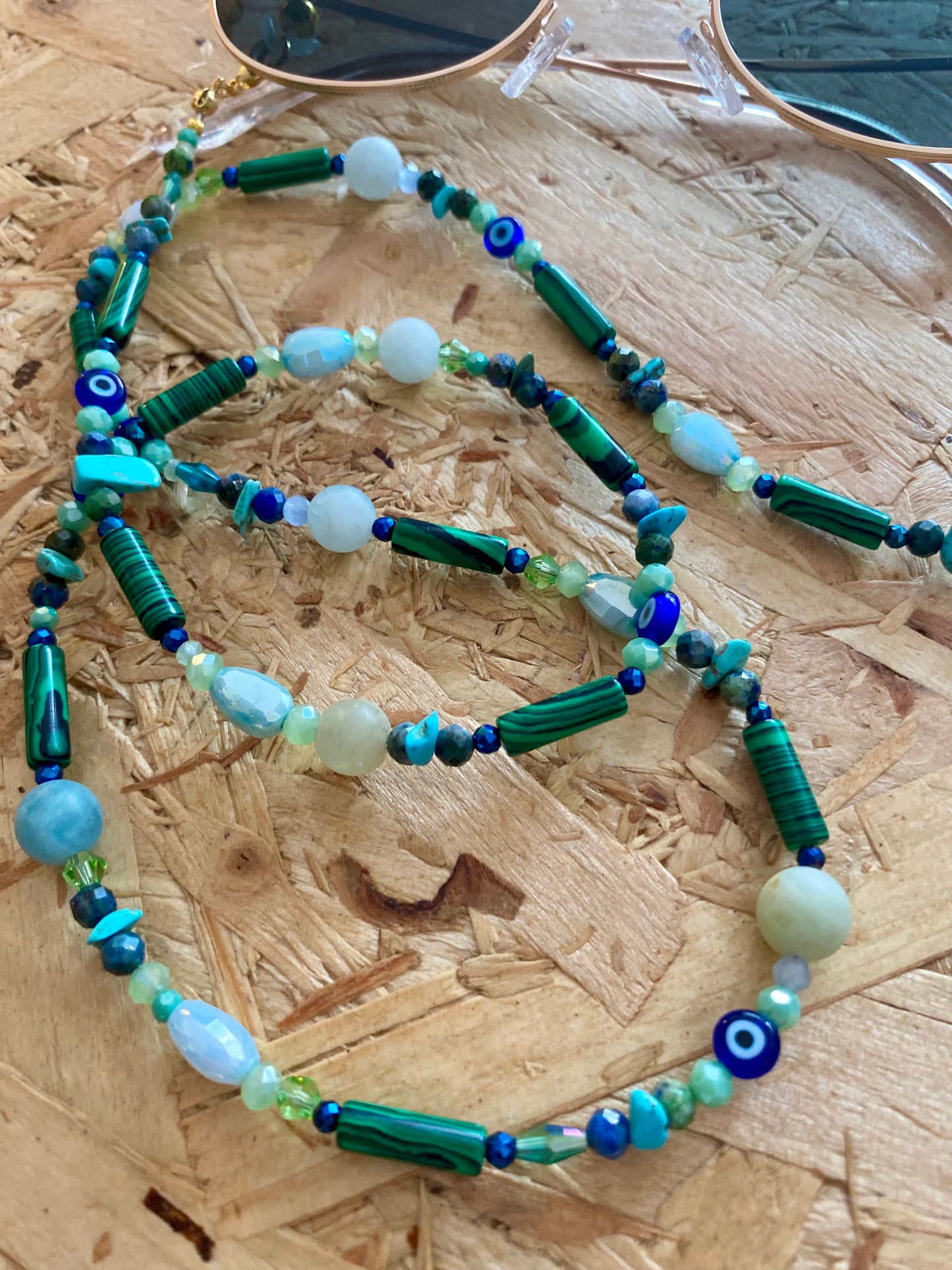 Northern Rose | Detachable Beaded Glasses Chain | Malachite, Morganite, Chrysocolla, Turquoise, Evil Eye