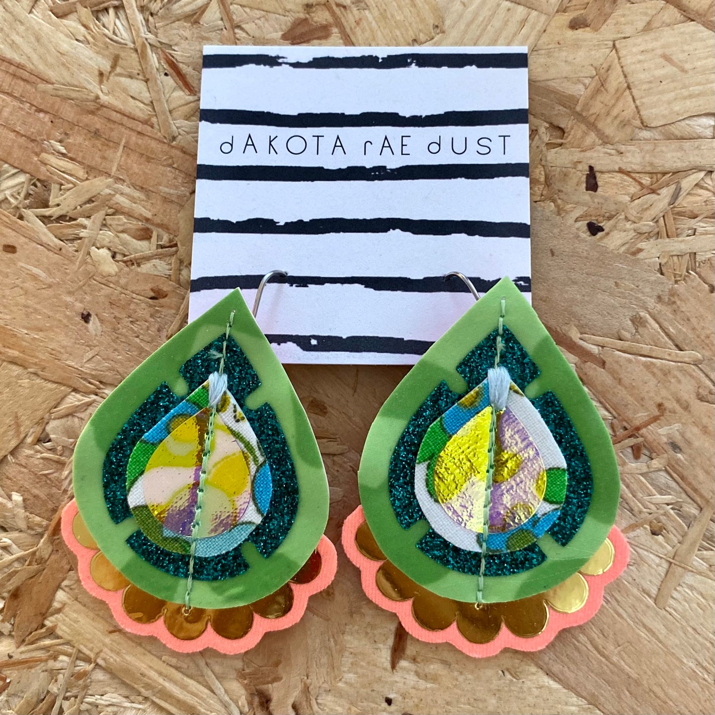 Dakota Rae Dust | Jazzy Plectrum Earrings | Green, Peach & Gold