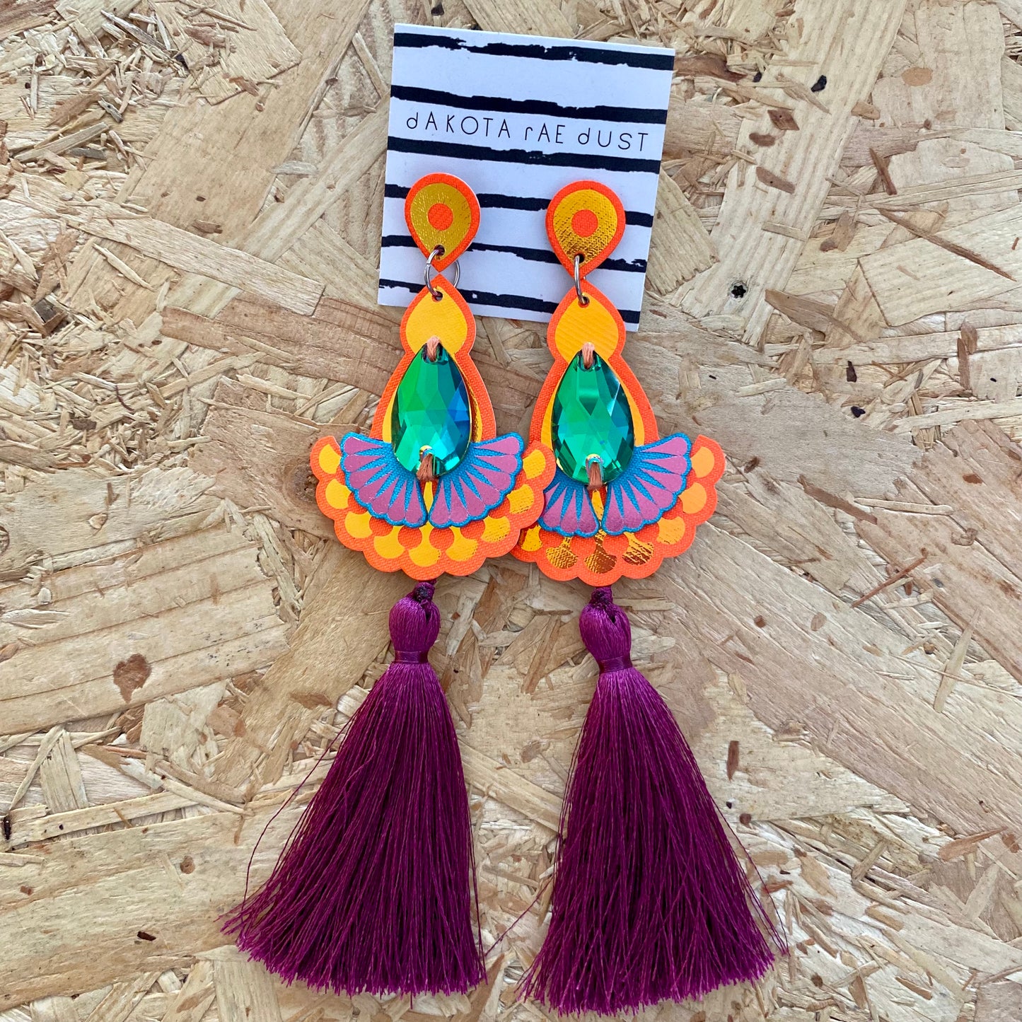 Dakota Rae Dust | Statement Jewel Tassel Earrings | Orange & Burgundy