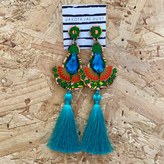 Dakota Rae Dust | Statement Jewel Tassel Earrings | Peach, Green & Blue