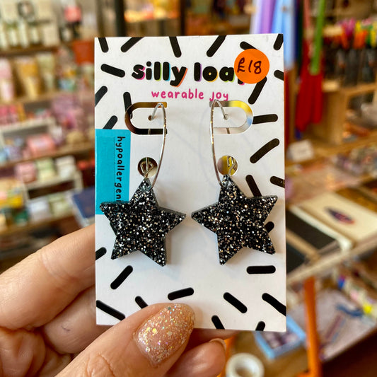 Silly Loaf | Hoop Earrings | Glitter Stars Black