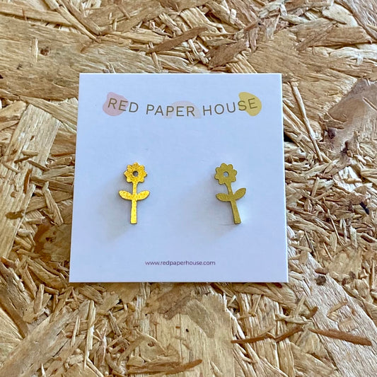 Red Paper House | Contemporary Brass Flower Stem Stud Earrings