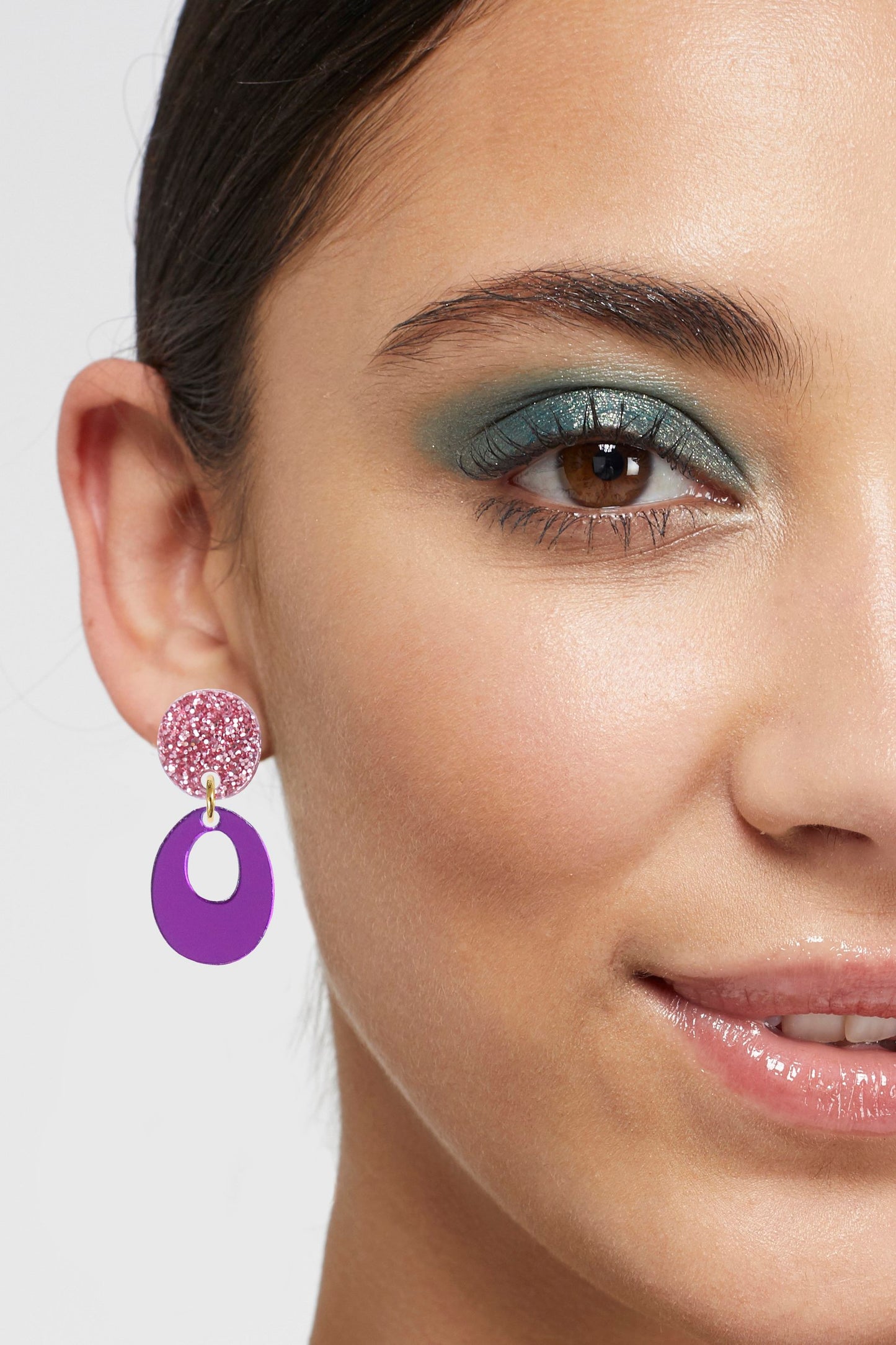 Kam Creates | Circle Drop Stud Earrings (Pink Glitter & Green Mirror)