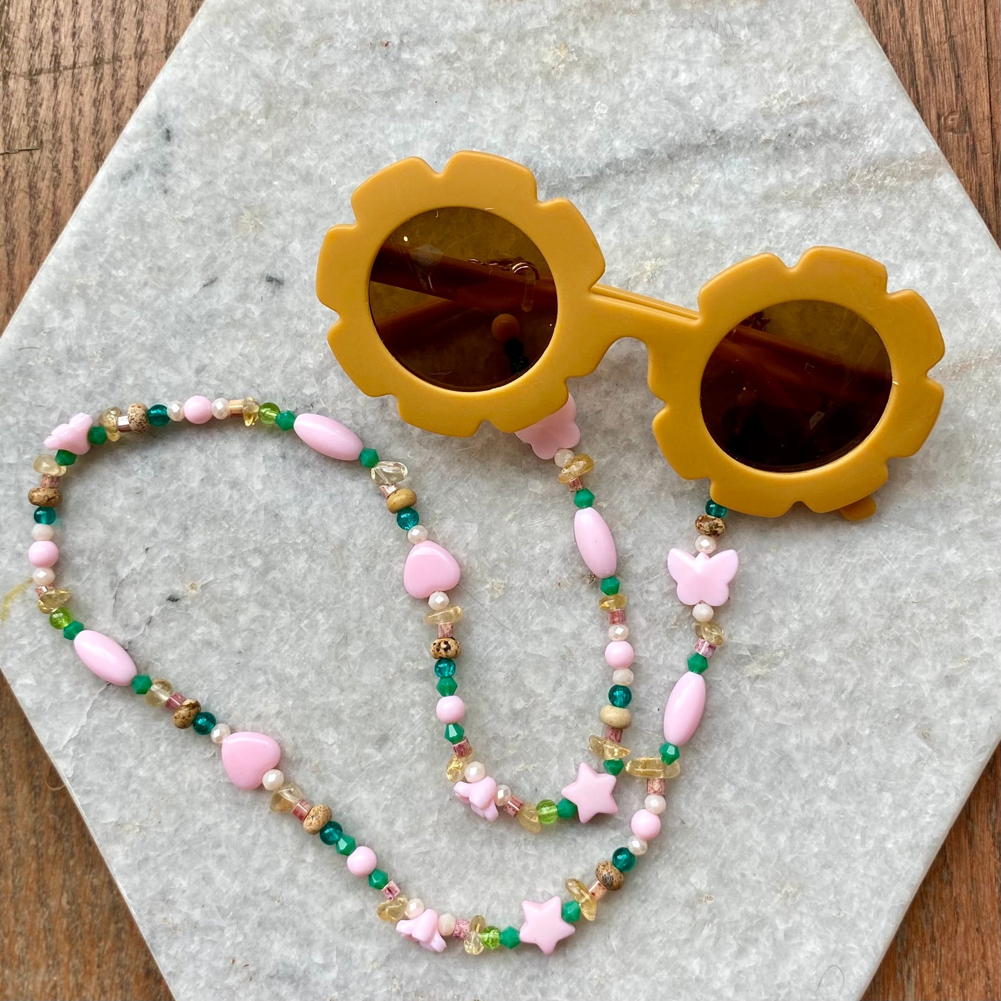 Northern Rose | Kids Sunglasses & Detachable Beaded Chain | Mustard, Dusky Pink & Green