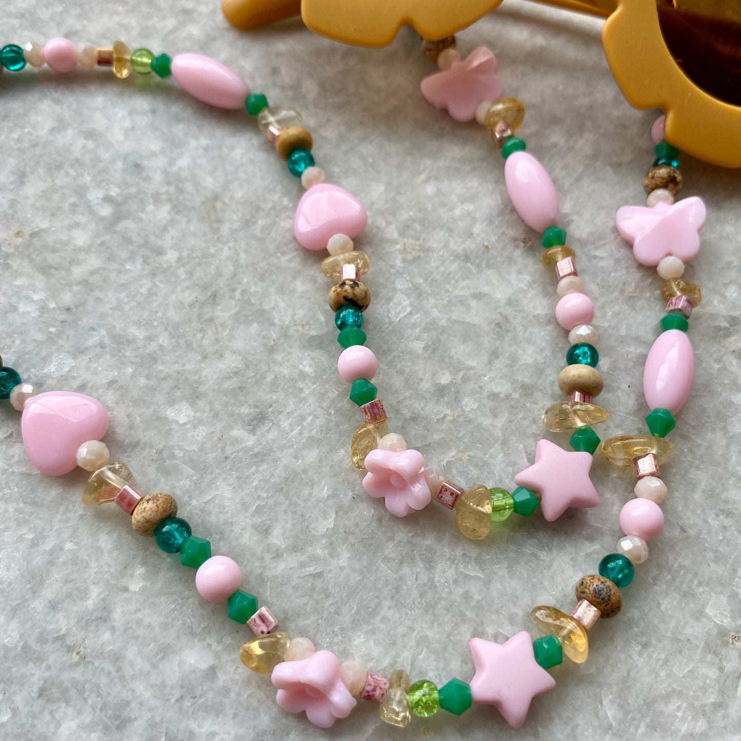 Northern Rose | Kids Sunglasses & Detachable Beaded Chain | Mustard, Dusky Pink & Green