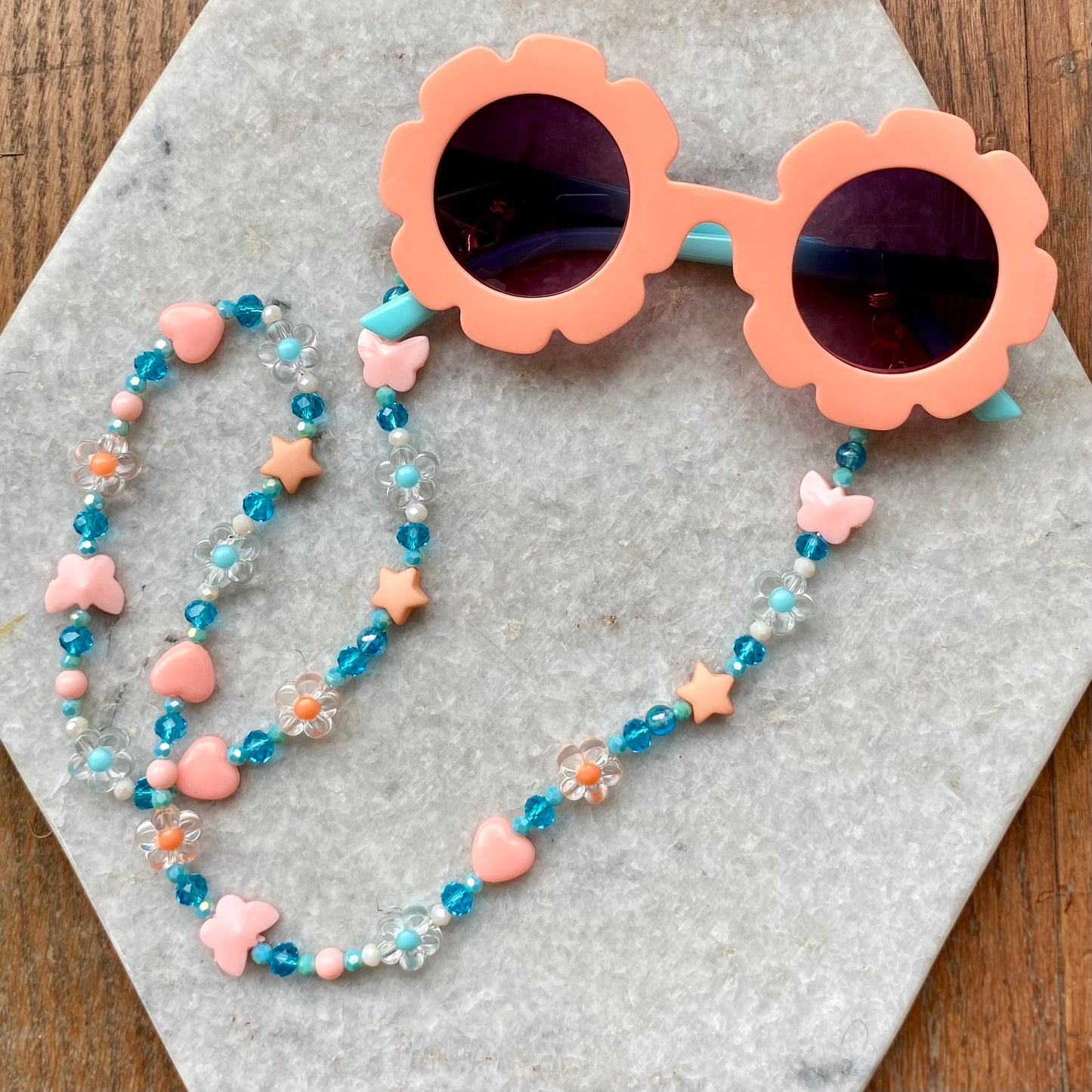 Northern Rose | Kids Sunglasses & Detachable Beaded Chain | Coral Pink & Bright Sky Blue