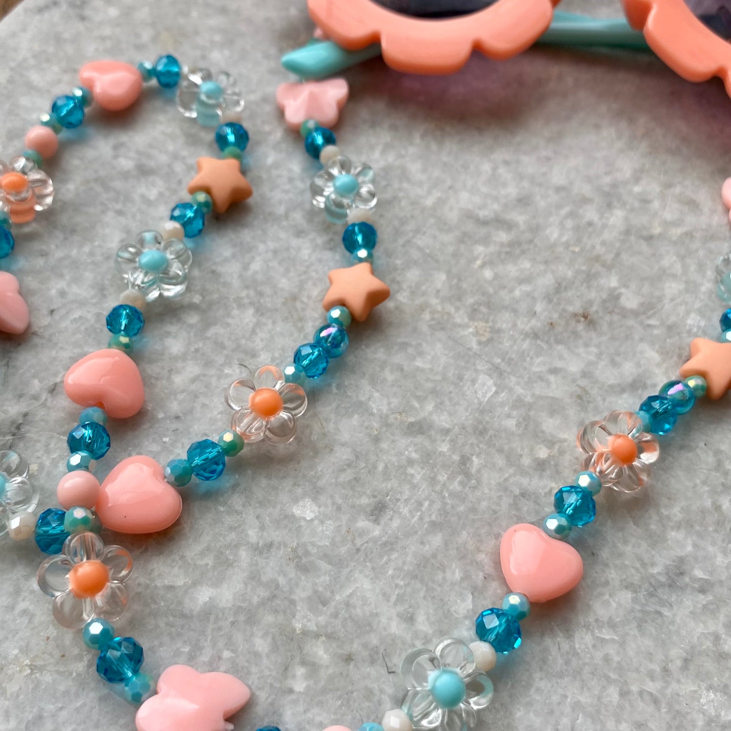 Northern Rose | Kids Sunglasses & Detachable Beaded Chain | Coral Pink & Bright Sky Blue