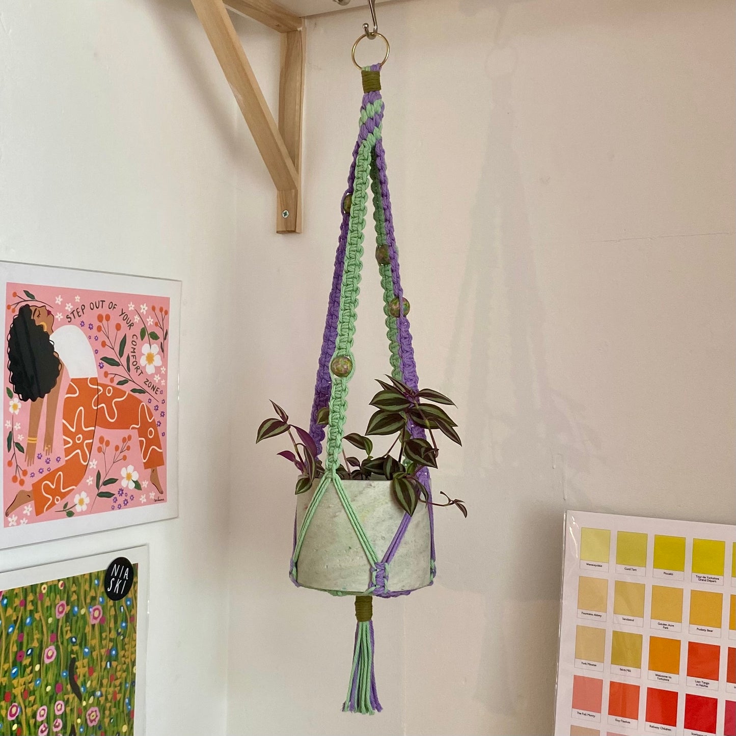 Northern Rose | Macrame Plant Hanger | Purple, Green & Handpainted Wooden Beads