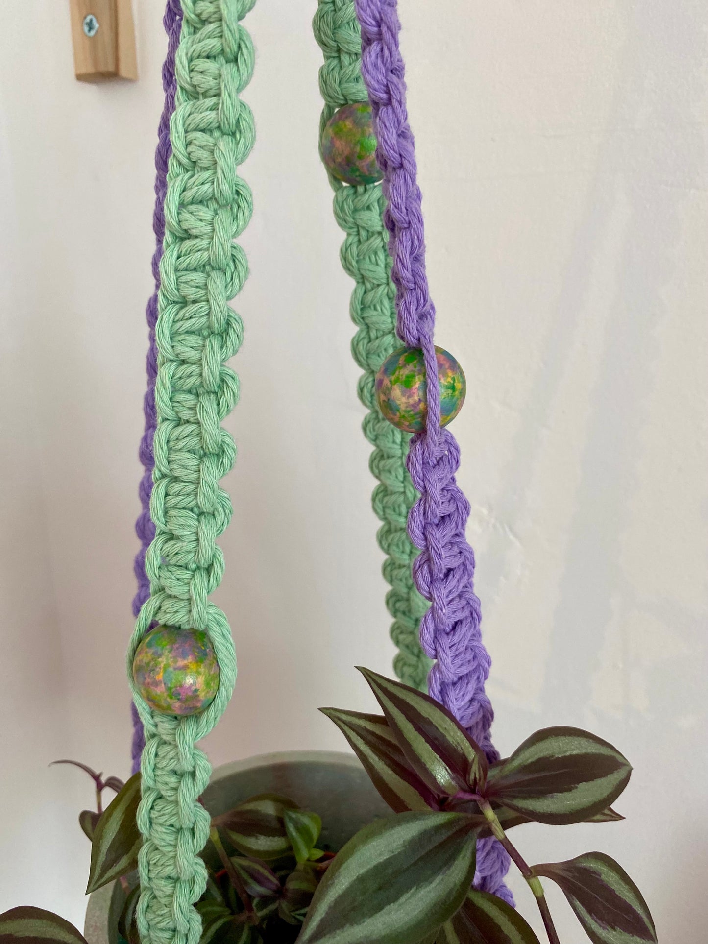 Northern Rose | Macrame Plant Hanger | Purple, Green & Handpainted Wooden Beads