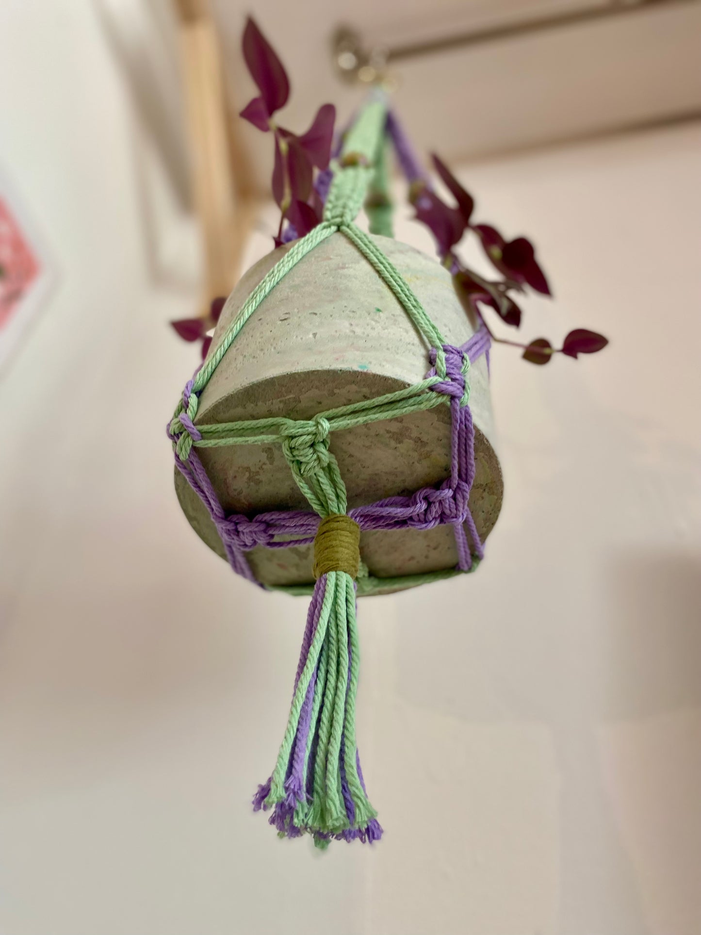 Northern Rose | Macrame Plant Hanger | Purple, Green & Handpainted Wooden Beads