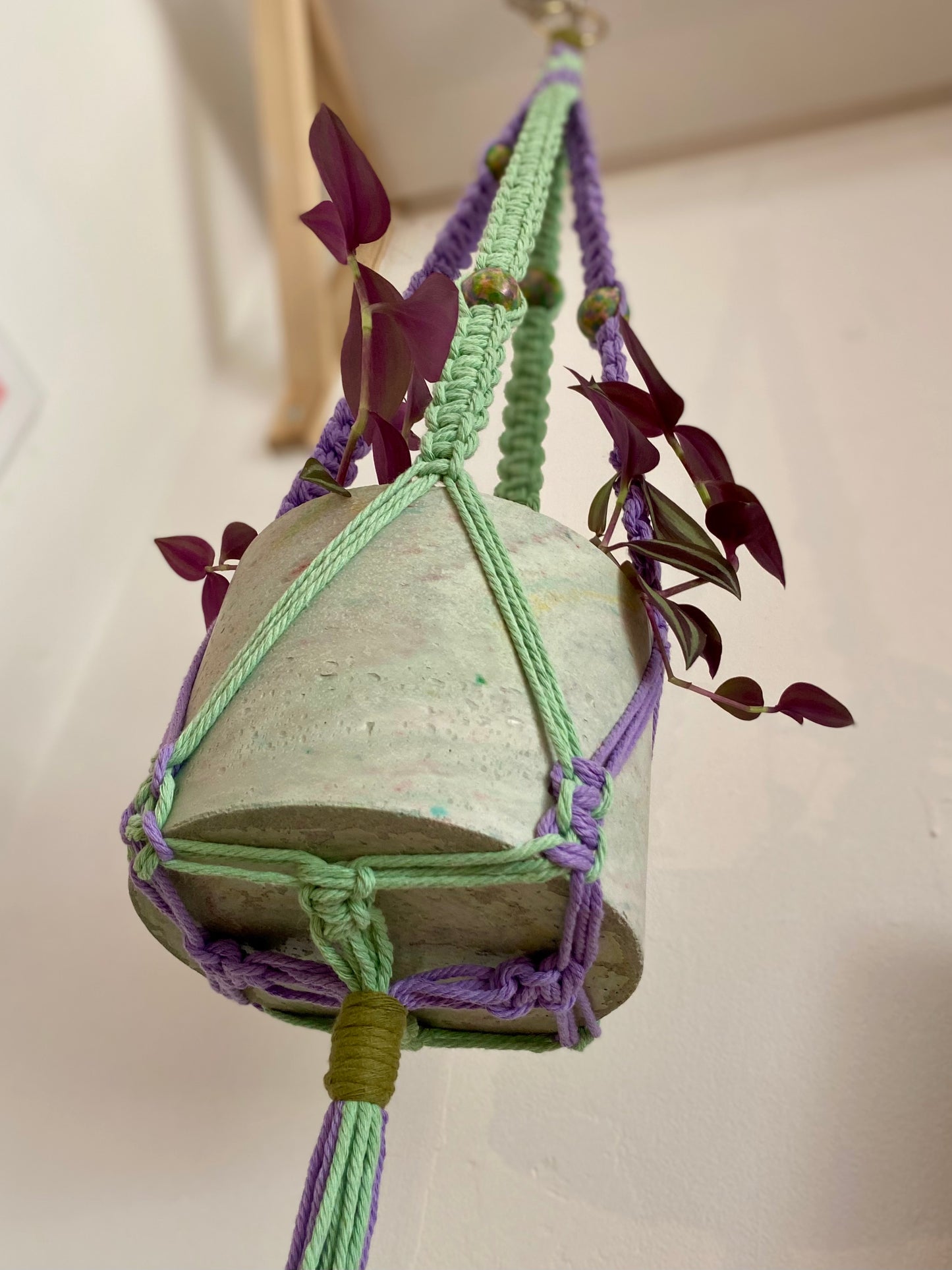 Northern Rose | Macrame Plant Hanger | Purple, Green & Handpainted Wooden Beads