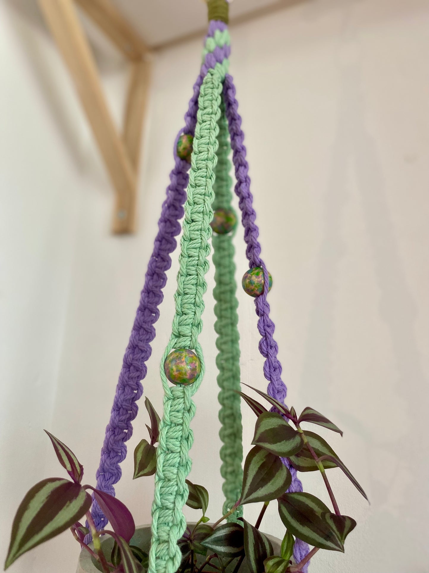 Northern Rose | Macrame Plant Hanger | Purple, Green & Handpainted Wooden Beads