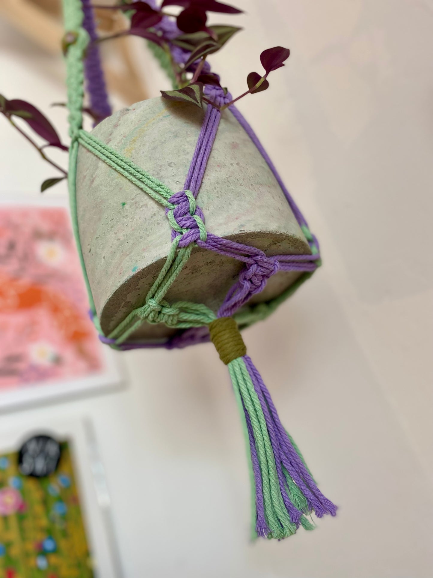 Northern Rose | Macrame Plant Hanger | Purple, Green & Handpainted Wooden Beads