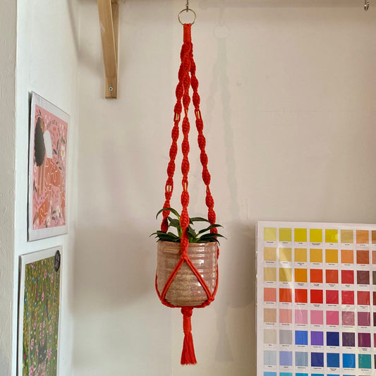 Northern Rose | Macrame Plant Hanger | Coral Red & Brass Tube Beads