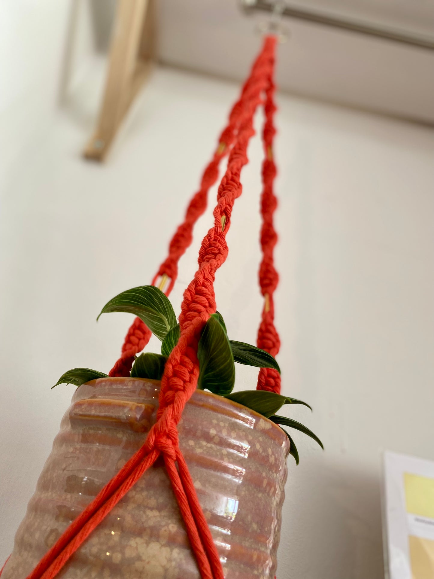 Northern Rose | Macrame Plant Hanger | Coral Red & Brass Tube Beads