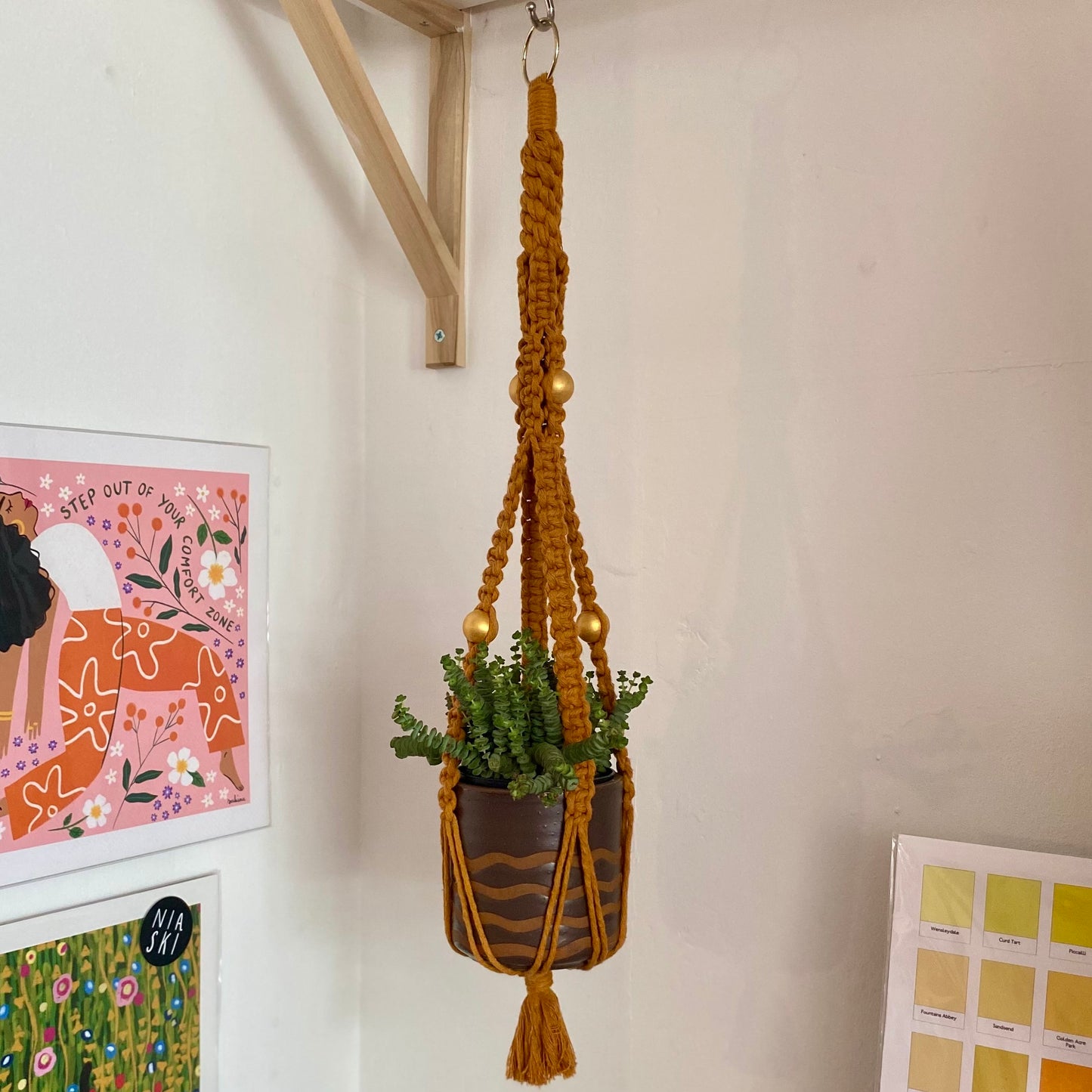 Northern Rose | Macrame Plant Hanger | Turmeric & Handpainted Wooden Beads