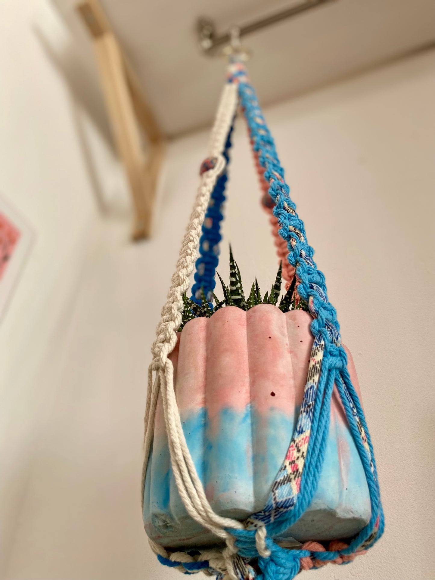 Northern Rose | Macrame Plant Hanger | Blue, Pink & Handpainted Wooden Beads