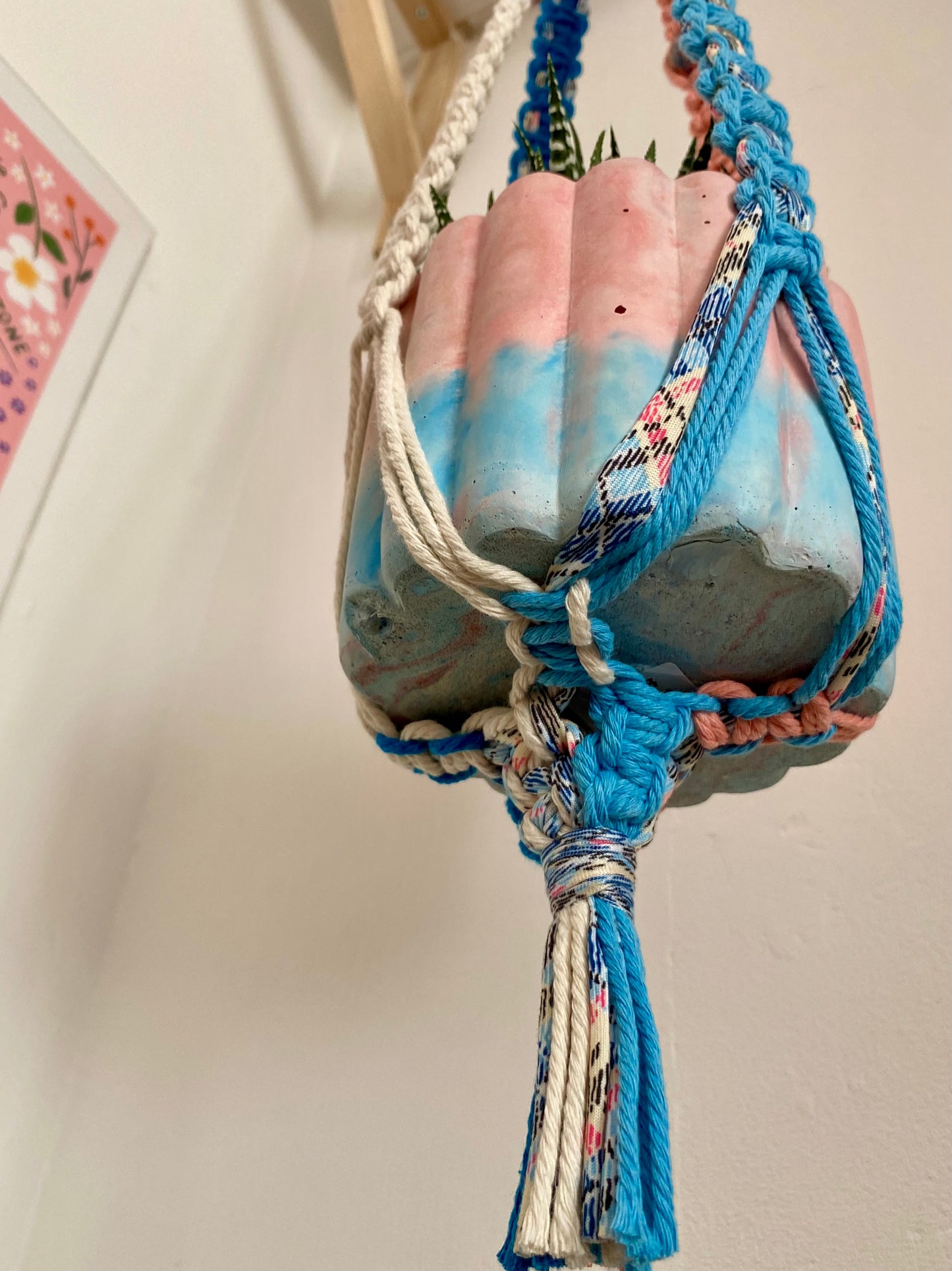 Northern Rose | Macrame Plant Hanger | Blue, Pink & Handpainted Wooden Beads