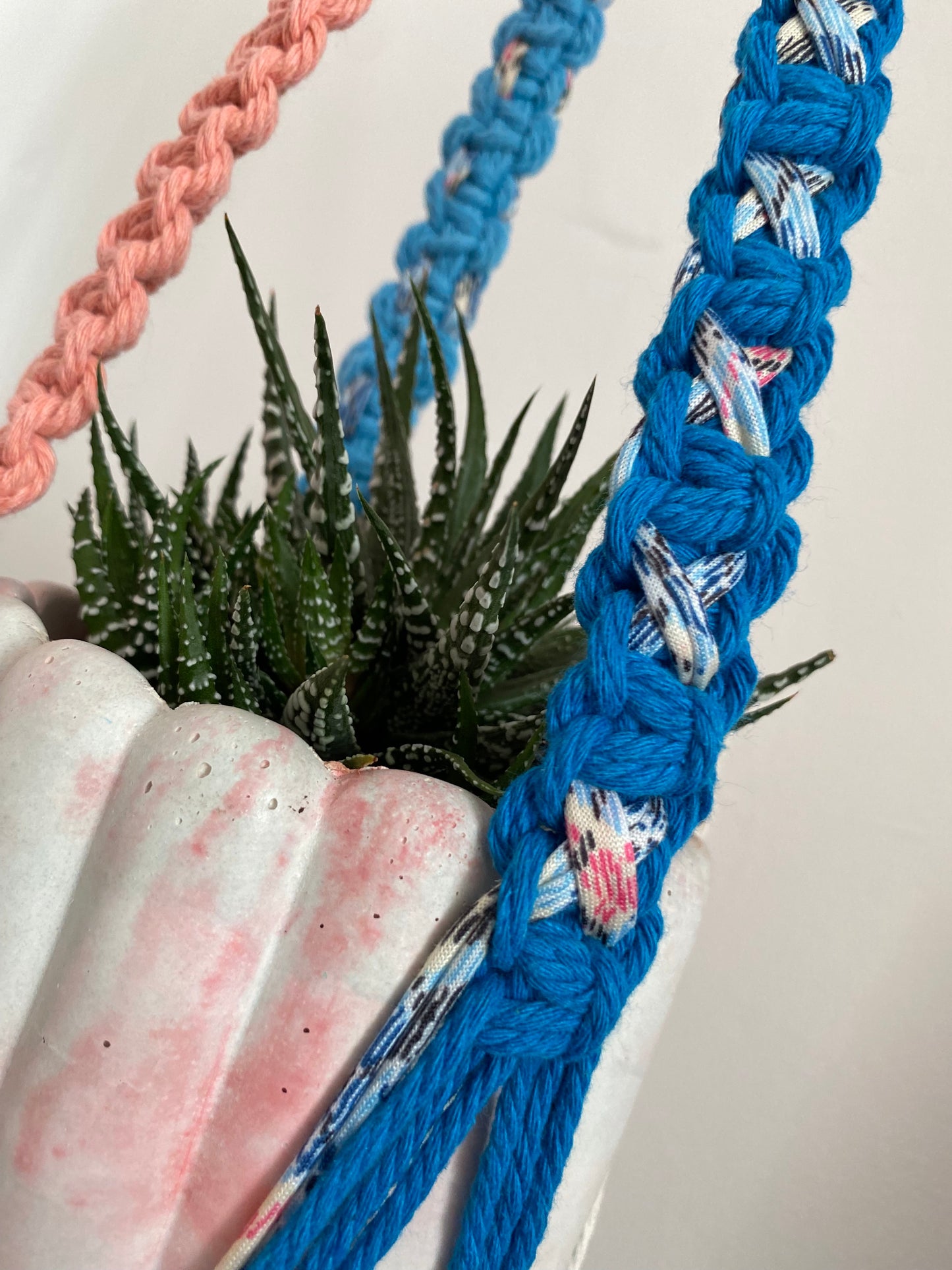 Northern Rose | Macrame Plant Hanger | Blue, Pink & Handpainted Wooden Beads