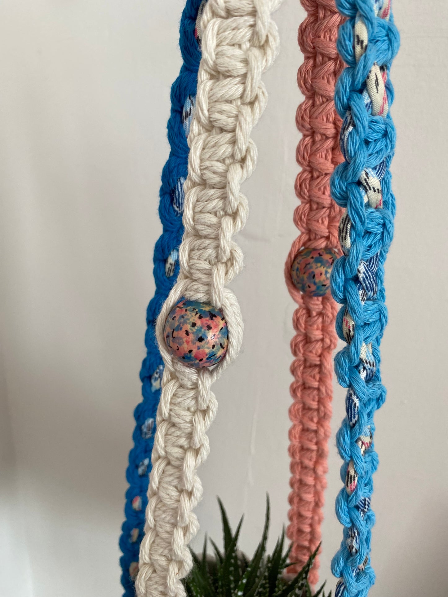 Northern Rose | Macrame Plant Hanger | Blue, Pink & Handpainted Wooden Beads