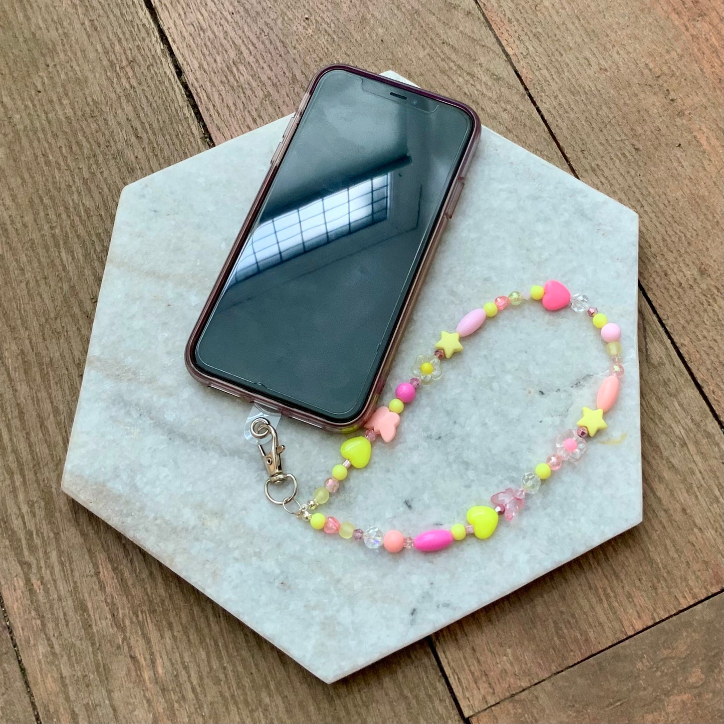 Northern Rose | Mobile Phone Lanyard | Beaded Wrist Strap Pink & Yellow