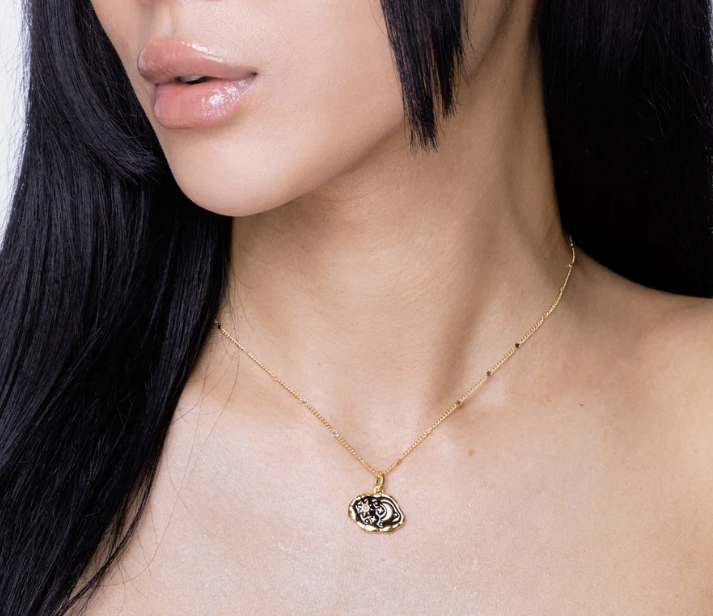 Vurchoo | 1014 Peru | Midnight Scene Rose Quartz and Black Enamel Gold Necklace