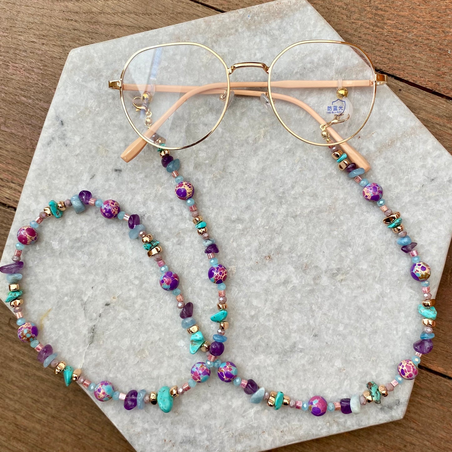 Northern Rose | Detachable Beaded Glasses Chain | Purple Sea Sediment Jasper, Turquoise, Amethyst & Aquamarine