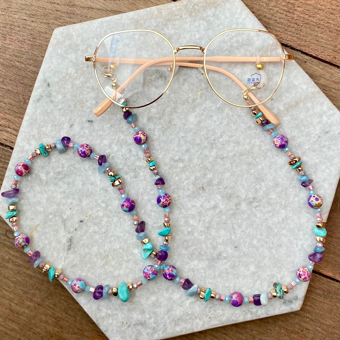 Northern Rose | Detachable Beaded Glasses Chain | Purple Sea Sediment Jasper, Turquoise, Amethyst & Aquamarine