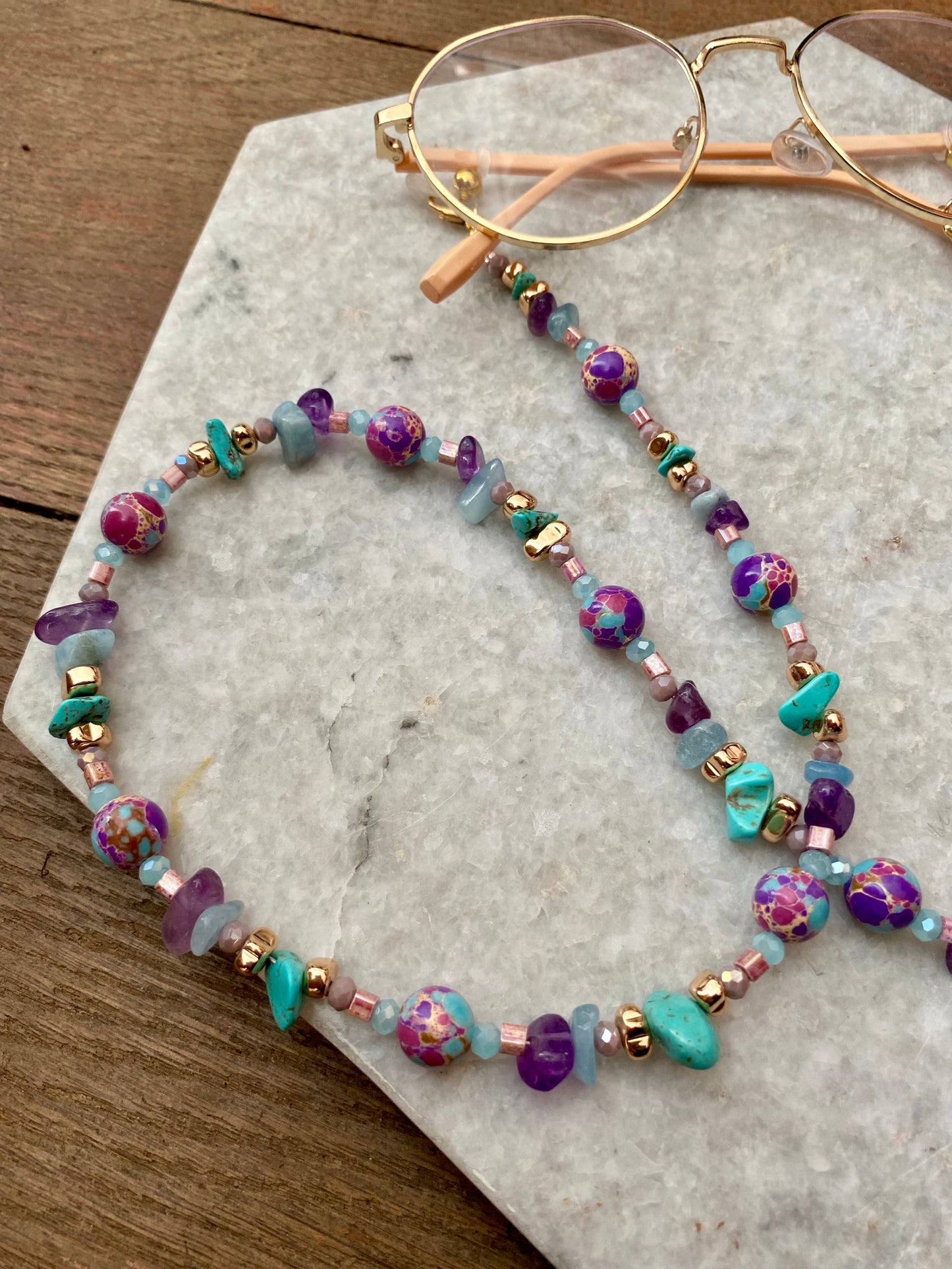 Northern Rose | Detachable Beaded Glasses Chain | Purple Sea Sediment Jasper, Turquoise, Amethyst & Aquamarine