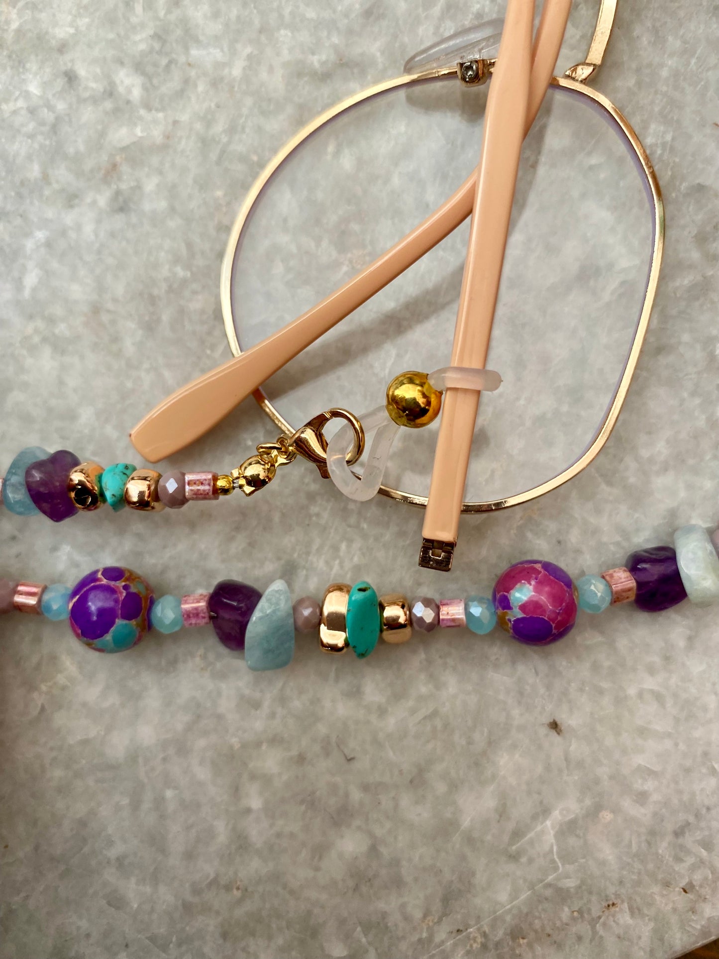 Northern Rose | Detachable Beaded Glasses Chain | Purple Sea Sediment Jasper, Turquoise, Amethyst & Aquamarine