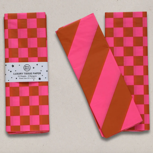 Petra Bose | Luxury Diagonal Stripe & Chequer Tissue Paper | Ginger & Fluro Pink