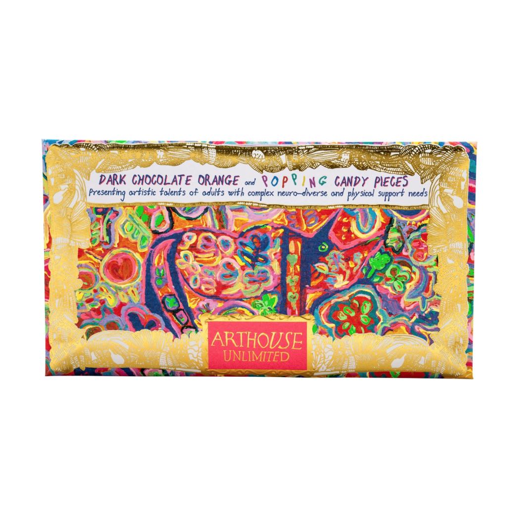 Arthouse Unlimited | Rhino in Bloom | Dark Chocolate Bar with Orange & Popping Candy Pieces