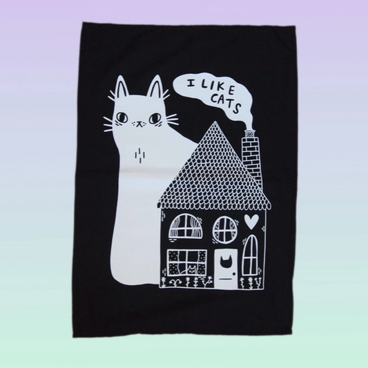 I Like Cats | Cotton Screen Printed Tea Towel | Cat and House