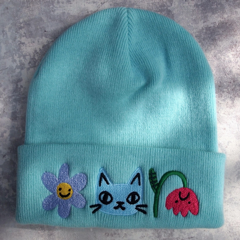 I Like Cats | Embroidered Knitted Beanie Hat | Cat & Flowers