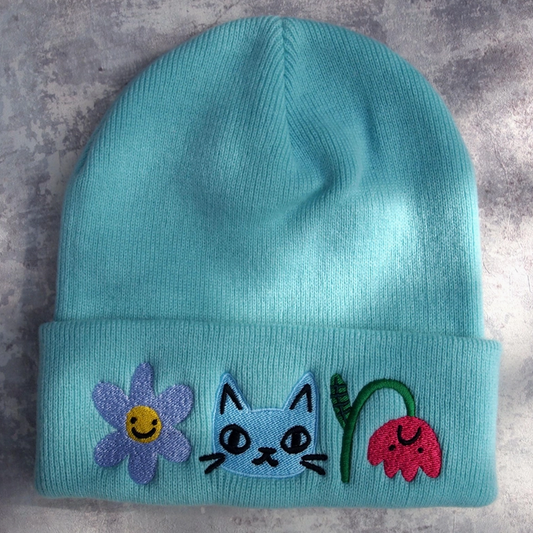 I Like Cats | Embroidered Knitted Beanie Hat | Cat & Flowers